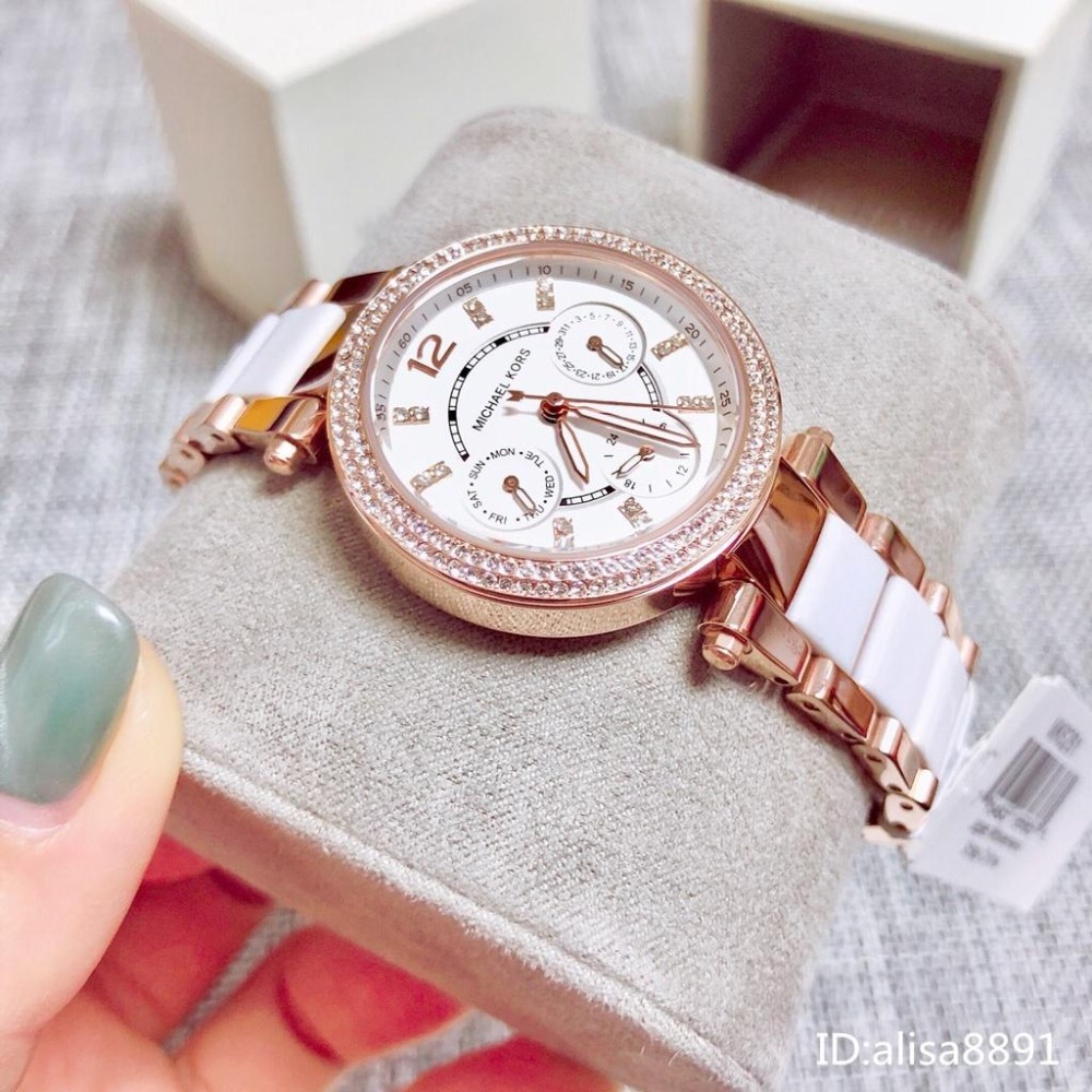 Michael Kors手錶女生 時尚潮流女錶 學生手錶 MK6261白色陶瓷手錶 鑲鑽三眼計時手錶 小直徑女生石英錶-細節圖6