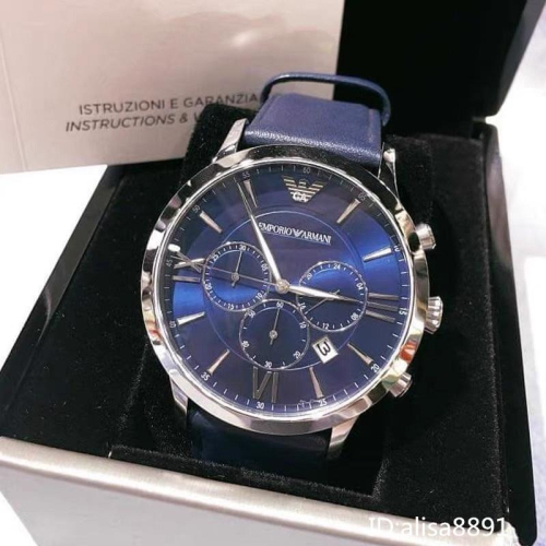 Armani阿瑪尼手錶 時尚男錶 休閒運動石英錶 商務通勤石英錶 男生深海藍色皮帶錶 小三針日曆計時手錶AR11226