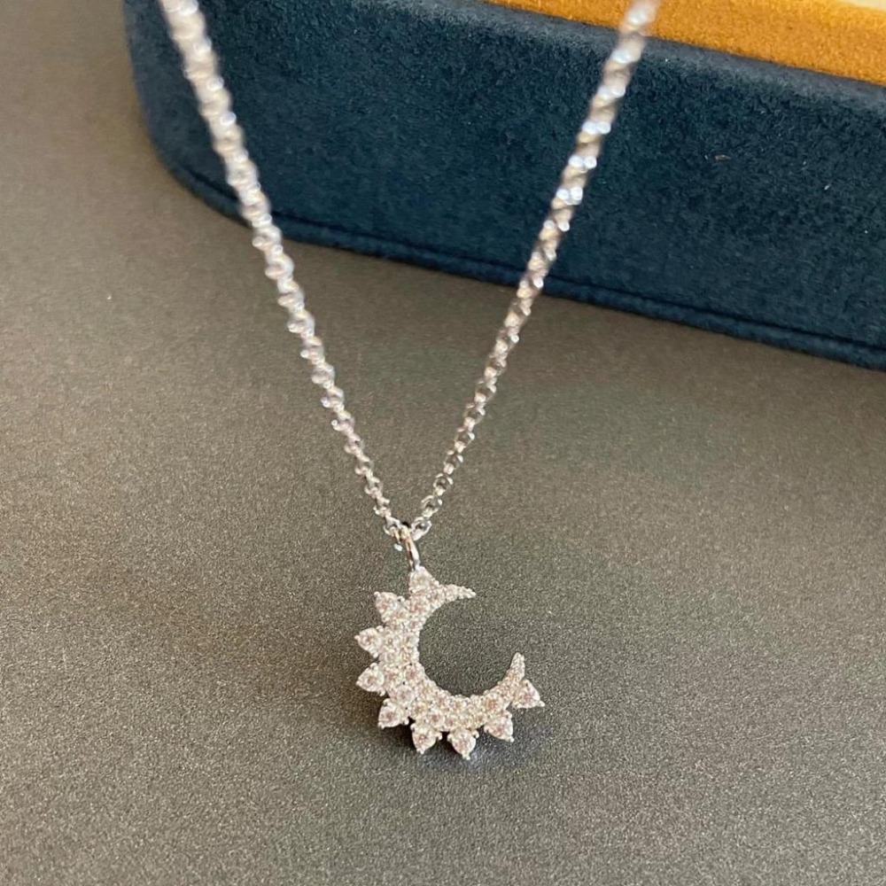 APM MONACO女生項鏈 新月系列月亮項鏈 可調節 銀色鑲晶鑽毛衣鏈 頸鏈 氣質時尚項鏈 925純銀項鏈-細節圖6