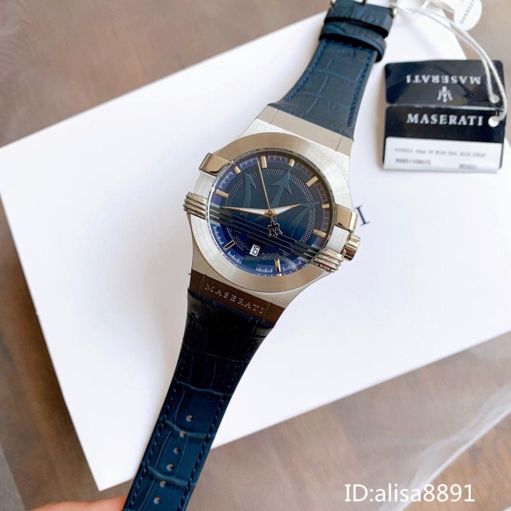 MASERATI瑪莎拉蒂手錶 時尚男錶 商務休閒石英錶 男生腕錶 百搭通勤防水手錶 藍色真皮皮帶錶R8851108015-細節圖2