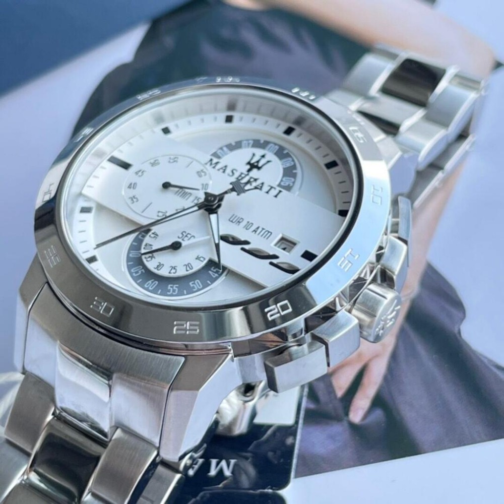 MASERATI瑪莎拉蒂手錶男生 商務通勤石英錶 銀色鋼帶錶 休閒運動腕錶 多功能三眼計時防水手錶R8873619004-細節圖8