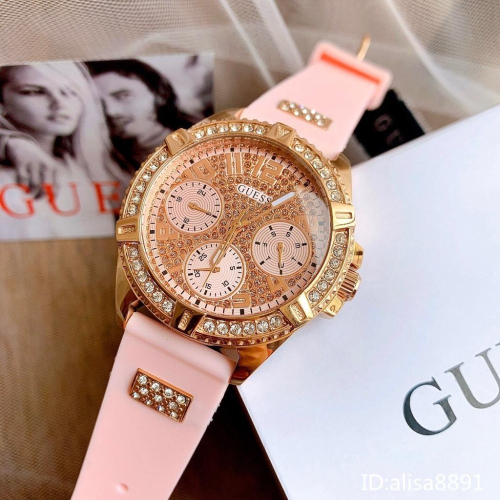 GUESS蓋爾斯手錶 歐美時尚潮流女生腕錶 大直徑休閒通勤女錶 鑲鑽黑色橡膠錶帶石英錶 滿天星粉色石英錶 W1160L5