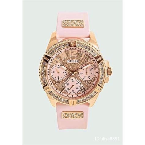 GUESS蓋爾斯手錶 歐美時尚潮流女生腕錶 大直徑休閒通勤女錶 鑲鑽黑色橡膠錶帶石英錶 滿天星粉色石英錶 W1160L5-細節圖2