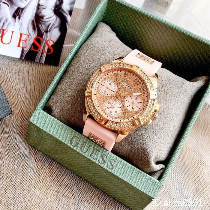 GUESS蓋爾斯手錶 歐美時尚潮流女生腕錶 大直徑休閒通勤女錶 鑲鑽黑色橡膠錶帶石英錶 滿天星粉色石英錶 W1160L5-細節圖3