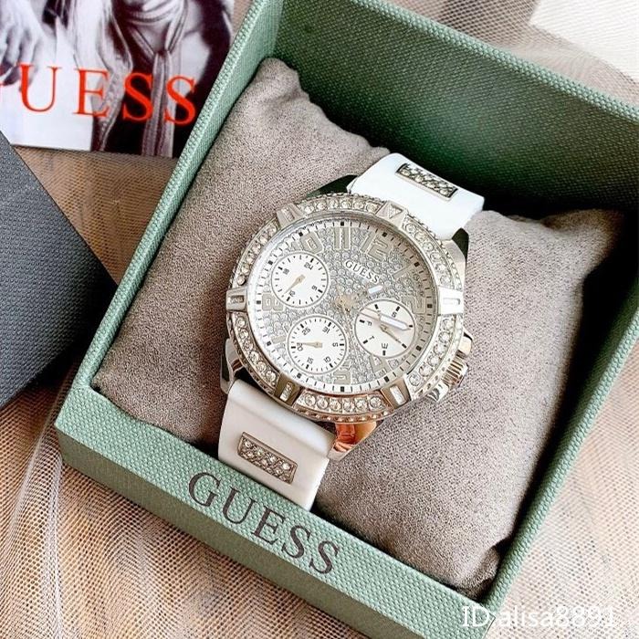 GUESS蓋爾斯手錶 歐美時尚潮流女生腕錶 大直徑休閒通勤女錶 鑲鑽黑色橡膠錶帶石英錶 滿天星粉色石英錶 W1160L5-細節圖4