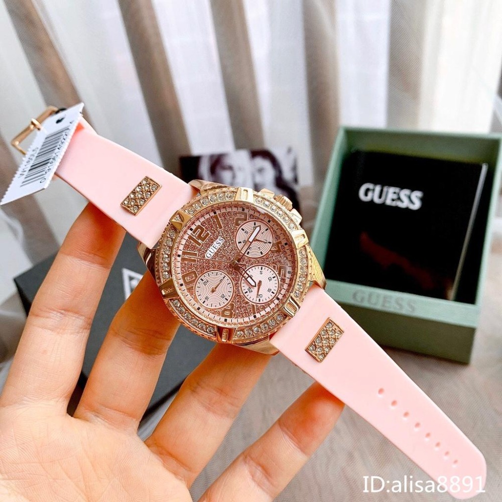 GUESS蓋爾斯手錶 歐美時尚潮流女生腕錶 大直徑休閒通勤女錶 鑲鑽黑色橡膠錶帶石英錶 滿天星粉色石英錶 W1160L5-細節圖5