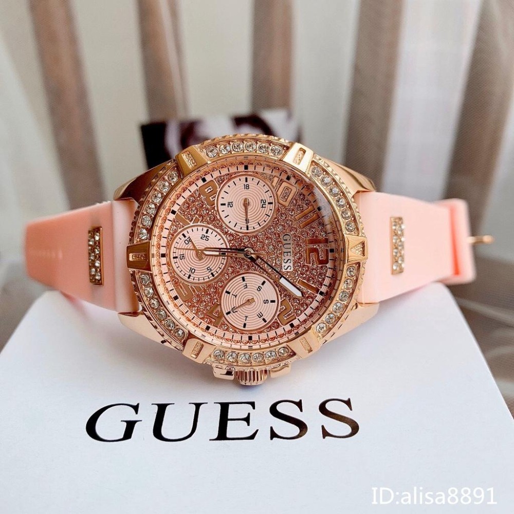 GUESS蓋爾斯手錶 歐美時尚潮流女生腕錶 大直徑休閒通勤女錶 鑲鑽黑色橡膠錶帶石英錶 滿天星粉色石英錶 W1160L5-細節圖6