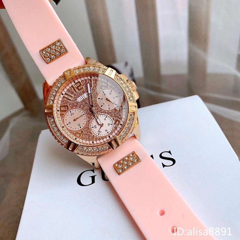 GUESS蓋爾斯手錶 歐美時尚潮流女生腕錶 大直徑休閒通勤女錶 鑲鑽黑色橡膠錶帶石英錶 滿天星粉色石英錶 W1160L5-細節圖7