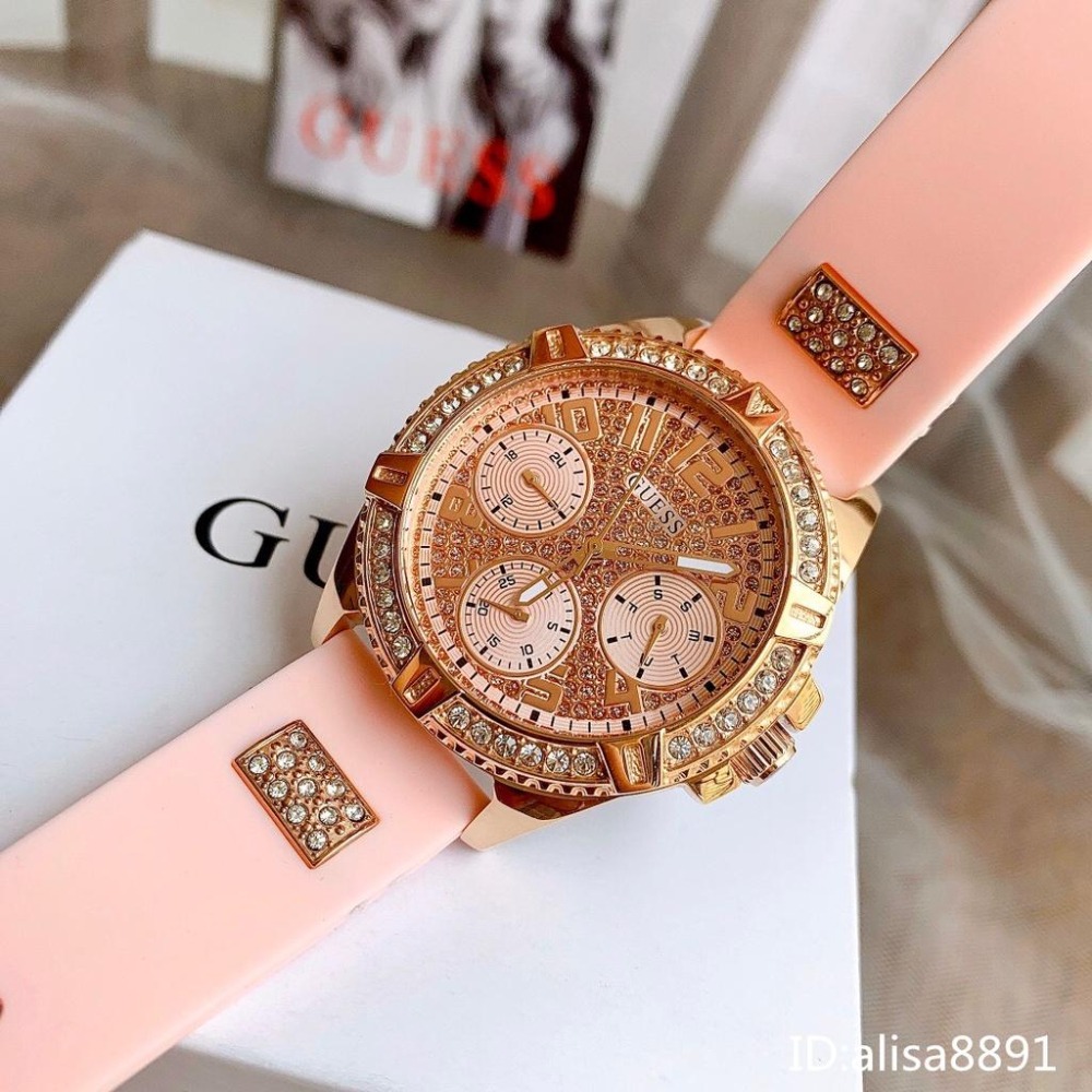 GUESS蓋爾斯手錶 歐美時尚潮流女生腕錶 大直徑休閒通勤女錶 鑲鑽黑色橡膠錶帶石英錶 滿天星粉色石英錶 W1160L5-細節圖8