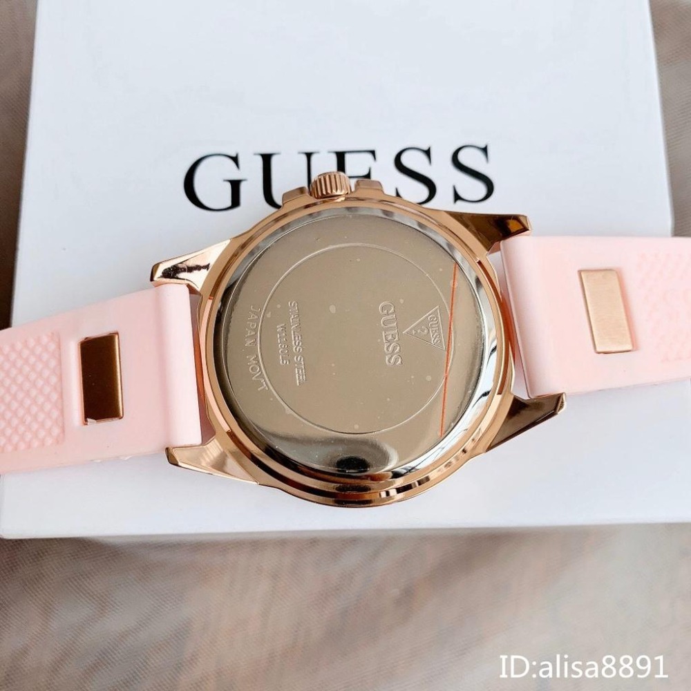 GUESS蓋爾斯手錶 歐美時尚潮流女生腕錶 大直徑休閒通勤女錶 鑲鑽黑色橡膠錶帶石英錶 滿天星粉色石英錶 W1160L5-細節圖9