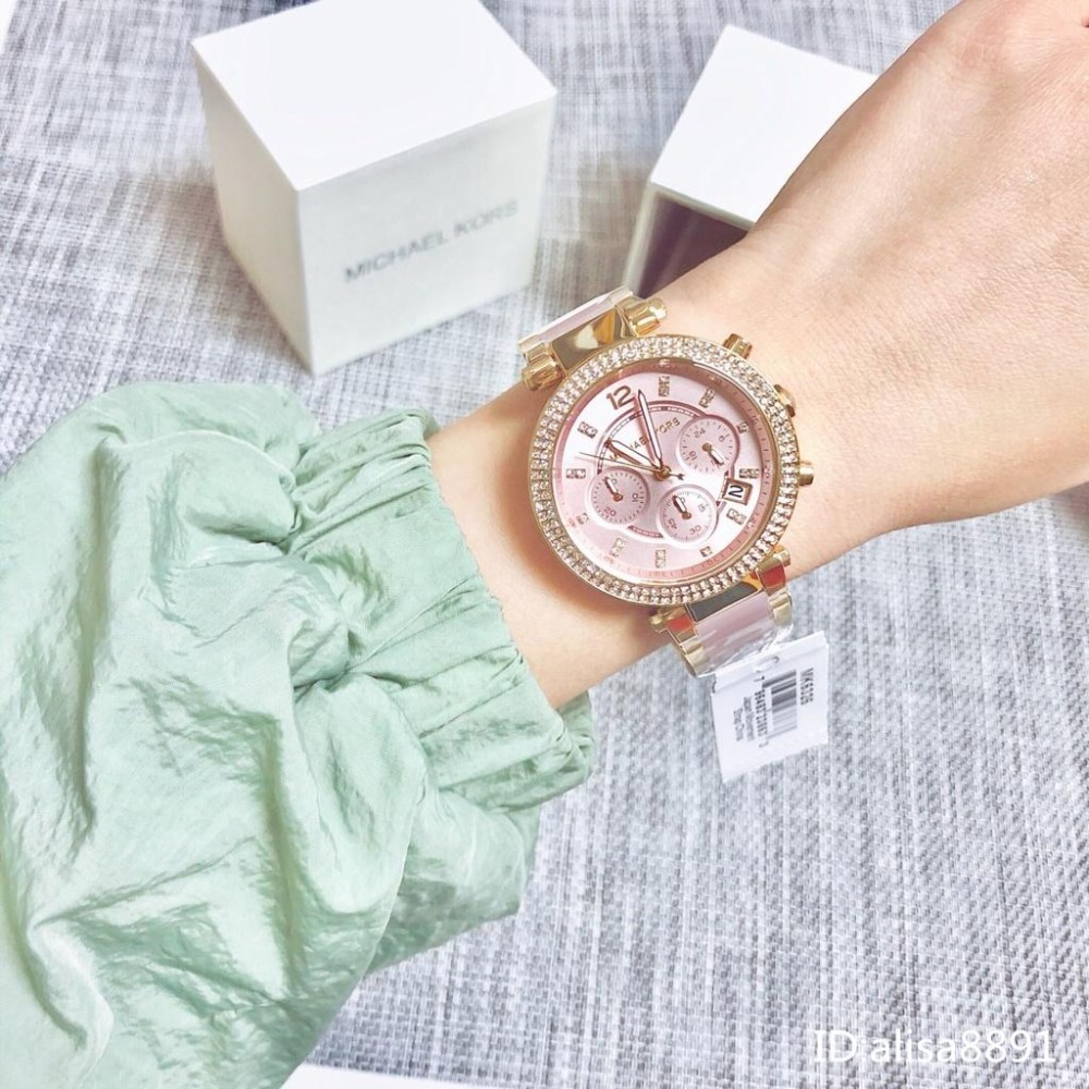 Michael Kors手錶 日曆鑲鑽女生腕錶時尚百搭女錶 休閒通勤精品錶 大直徑石英手錶 MK6326裸粉色石英錶-細節圖3