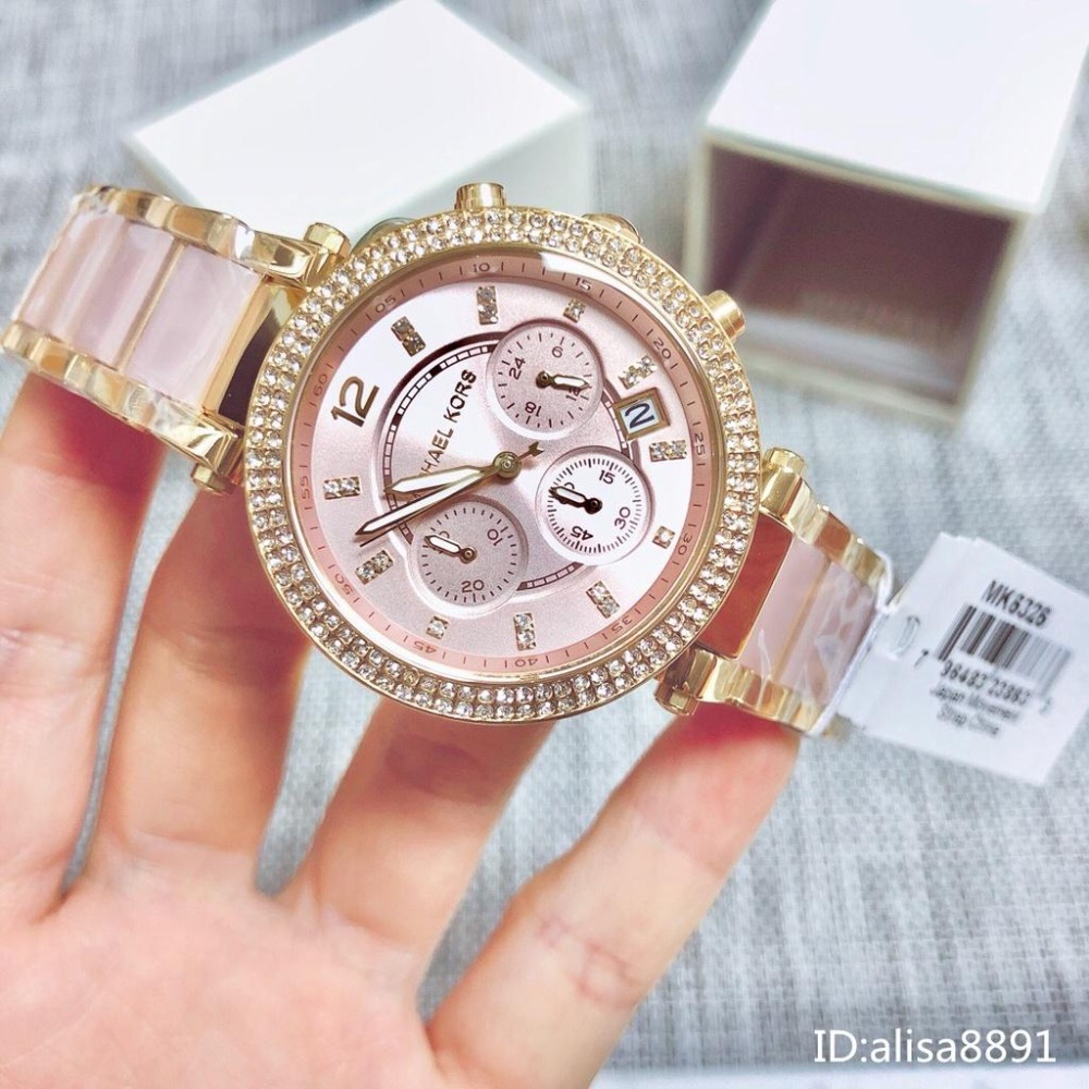 Michael Kors手錶 日曆鑲鑽女生腕錶時尚百搭女錶 休閒通勤精品錶 大直徑石英手錶 MK6326裸粉色石英錶-細節圖5