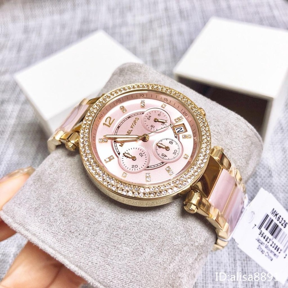 Michael Kors手錶 日曆鑲鑽女生腕錶時尚百搭女錶 休閒通勤精品錶 大直徑石英手錶 MK6326裸粉色石英錶-細節圖7