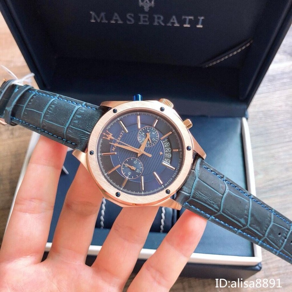 MASERATI瑪莎拉蒂手錶男 石英錶 計時手錶男 R8871612015 男生商務休閒手錶 藍色皮帶錶-細節圖4