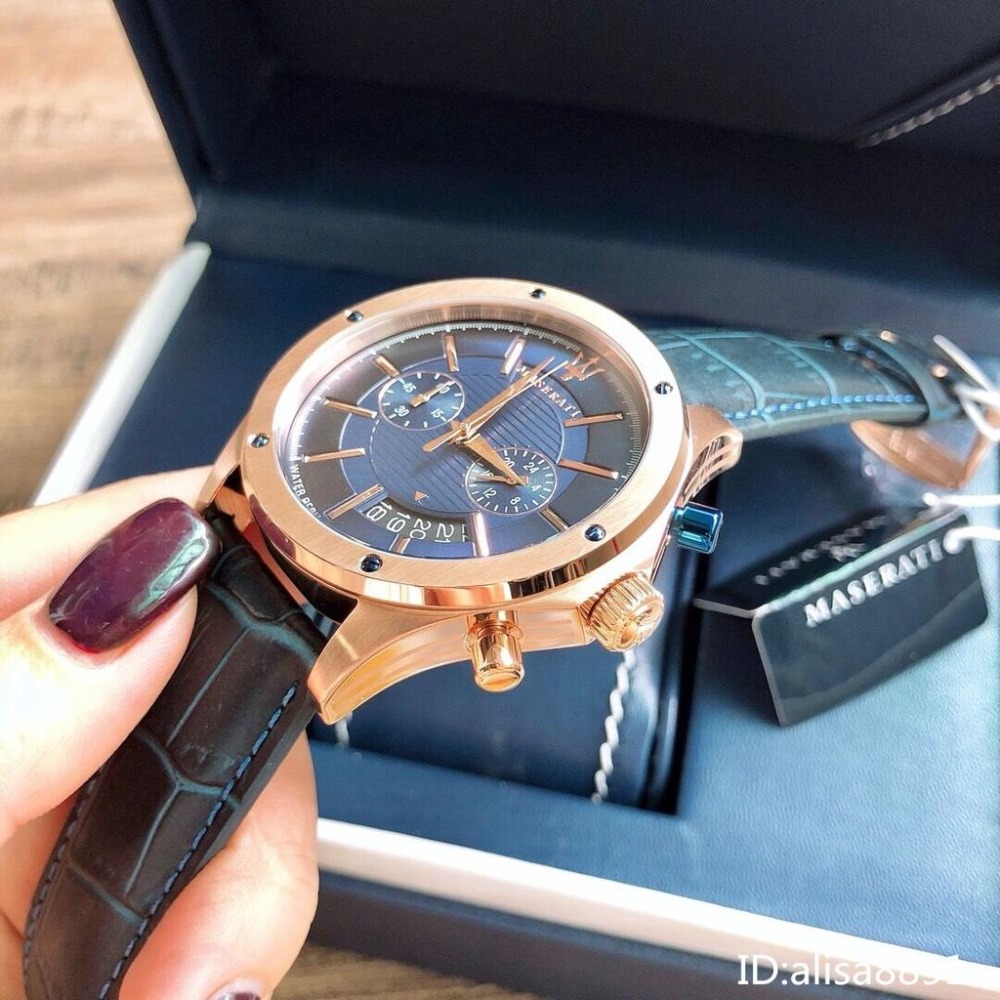 MASERATI瑪莎拉蒂手錶男 石英錶 計時手錶男 R8871612015 男生商務休閒手錶 藍色皮帶錶-細節圖5