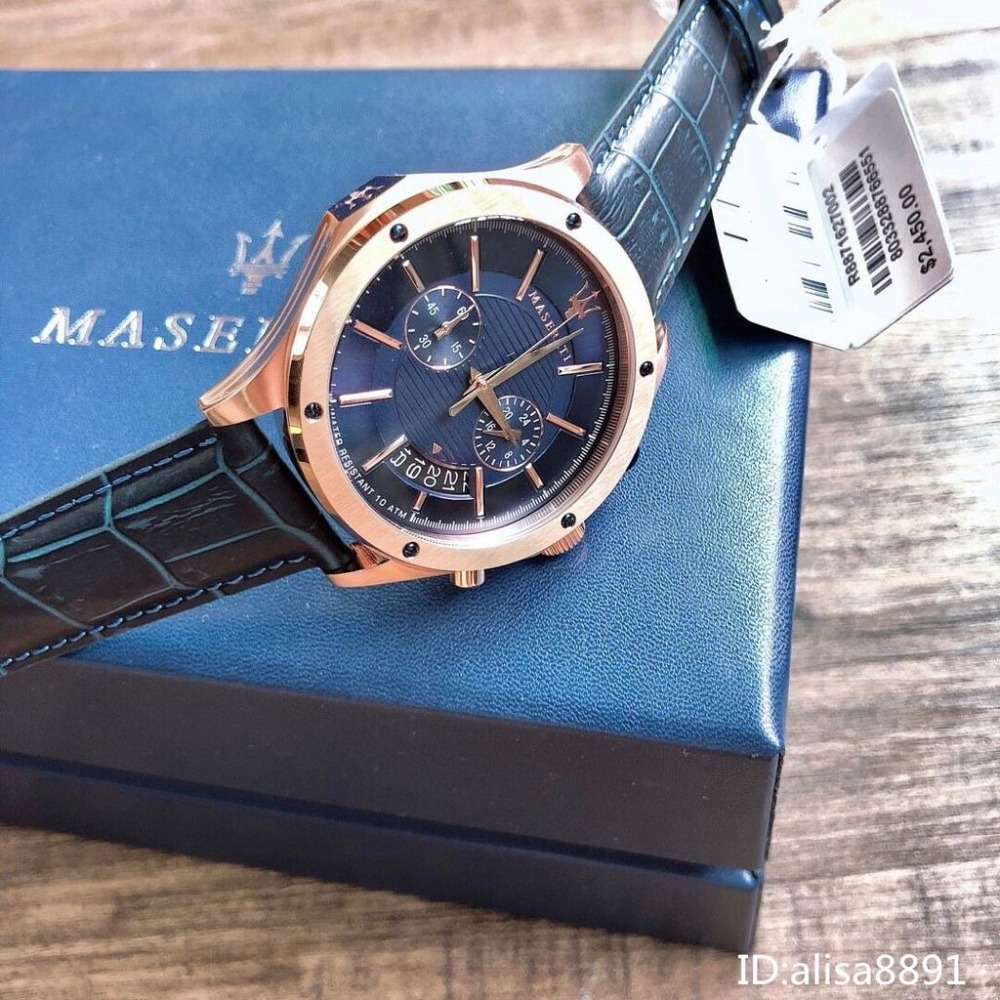 MASERATI瑪莎拉蒂手錶男 石英錶 計時手錶男 R8871612015 男生商務休閒手錶 藍色皮帶錶-細節圖6
