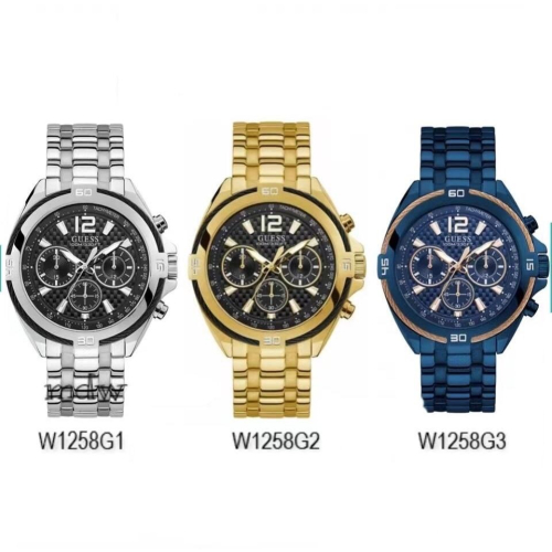 男生手錶 男士石英錶 蓋爾斯GUESS手錶男 時尚潮流男生腕錶 商務通勤男錶 大直徑計時手錶男 W1258G3 藍色金色