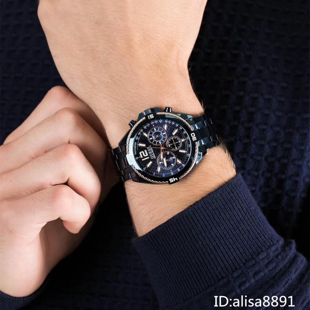 男生手錶 男士石英錶 蓋爾斯GUESS手錶男 時尚潮流男生腕錶 商務通勤男錶 大直徑計時手錶男 W1258G3 藍色金色-細節圖5