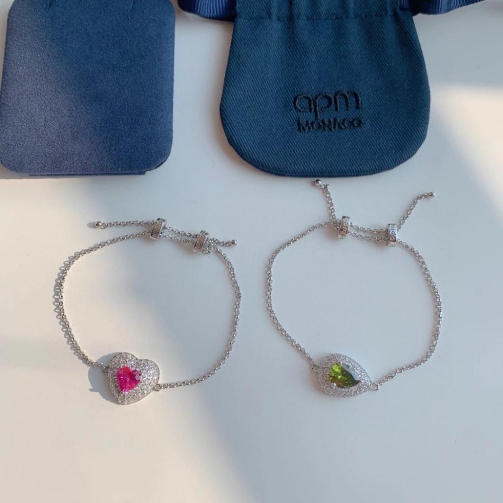 APM MONACO手鏈 APM飾品 女生手鏈 新品梨形鑽心新手鏈 愛心手鏈 鑲晶鑽手鏈 925純銀手環 可調節手鏈女-細節圖5