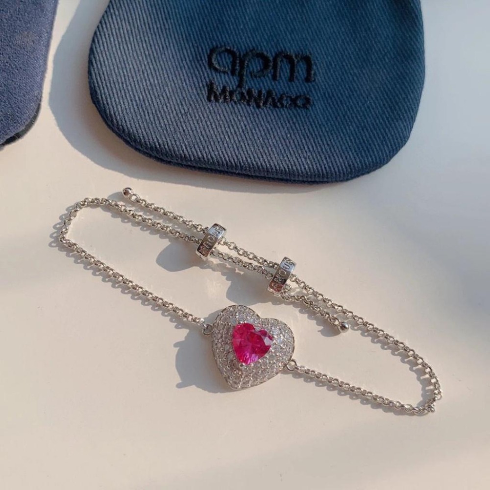 APM MONACO手鏈 APM飾品 女生手鏈 新品梨形鑽心新手鏈 愛心手鏈 鑲晶鑽手鏈 925純銀手環 可調節手鏈女-細節圖9