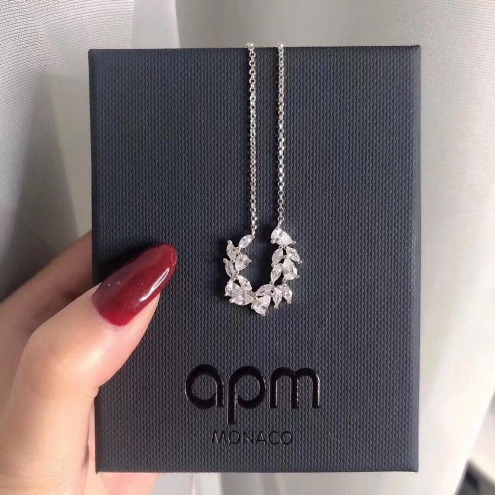 APM MONACO項鏈 APM項鏈 女生項鏈 鑲晶鑽麥穗U形馬蹄項鏈 毛衣鏈 可調節長短 吊墜項墜 925純銀項鏈-細節圖3