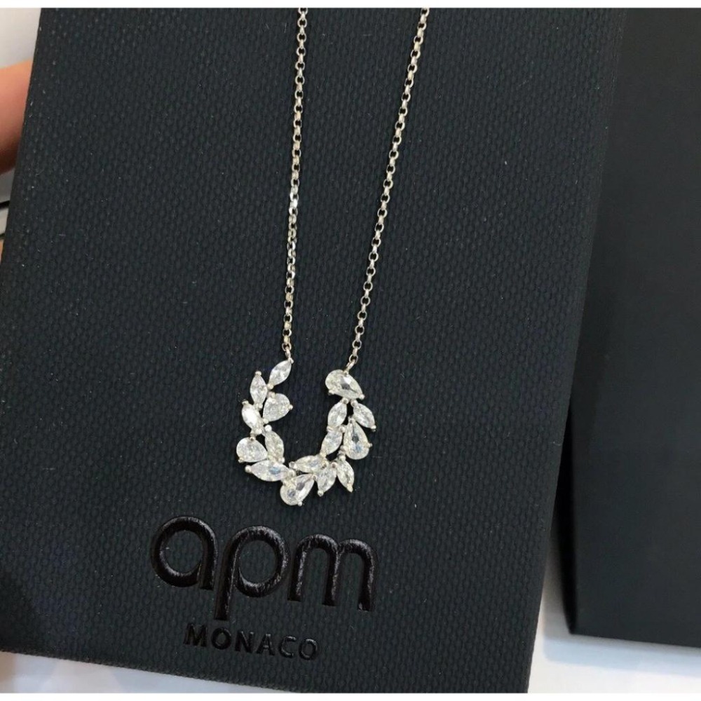 APM MONACO項鏈 APM項鏈 女生項鏈 鑲晶鑽麥穗U形馬蹄項鏈 毛衣鏈 可調節長短 吊墜項墜 925純銀項鏈-細節圖4