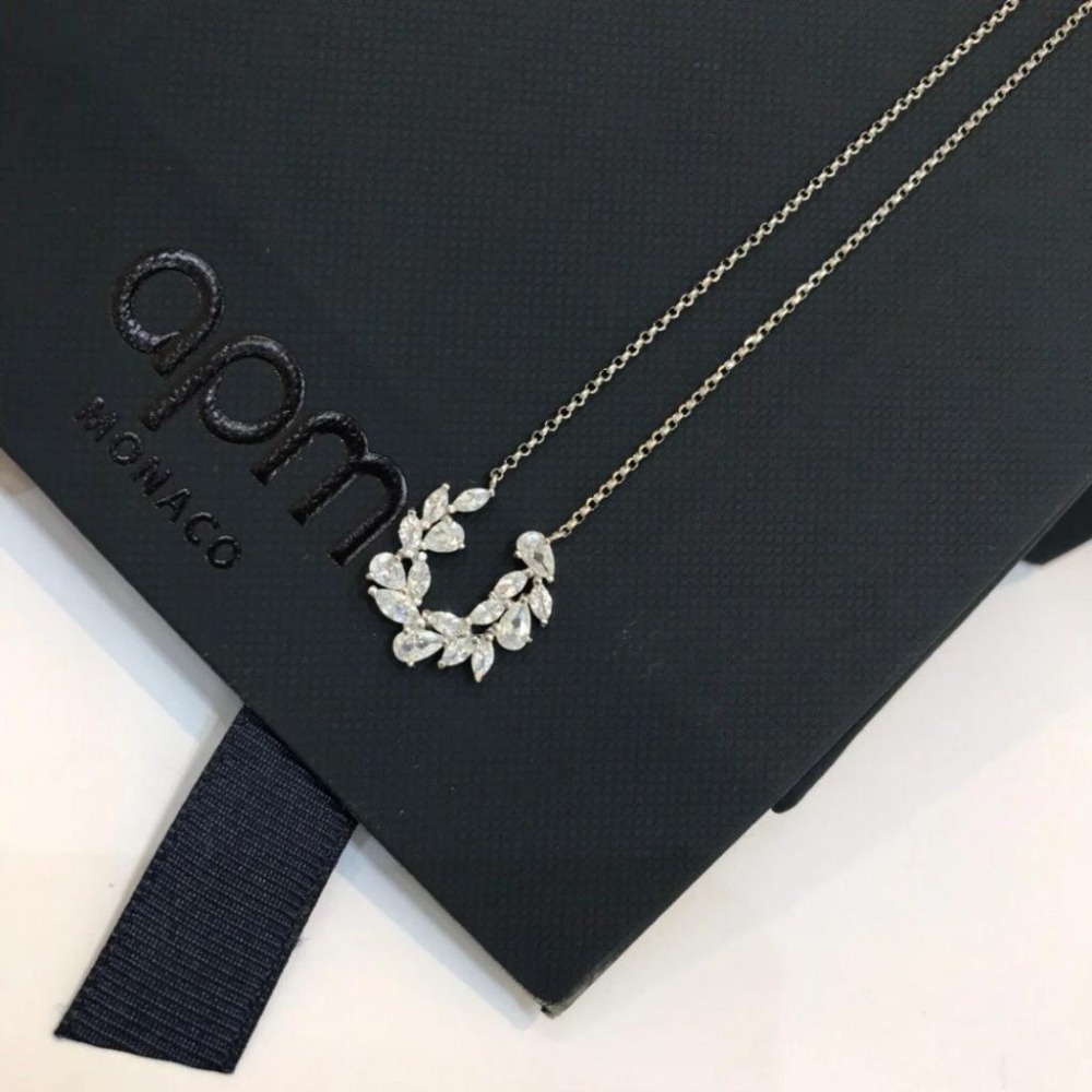 APM MONACO項鏈 APM項鏈 女生項鏈 鑲晶鑽麥穗U形馬蹄項鏈 毛衣鏈 可調節長短 吊墜項墜 925純銀項鏈-細節圖5