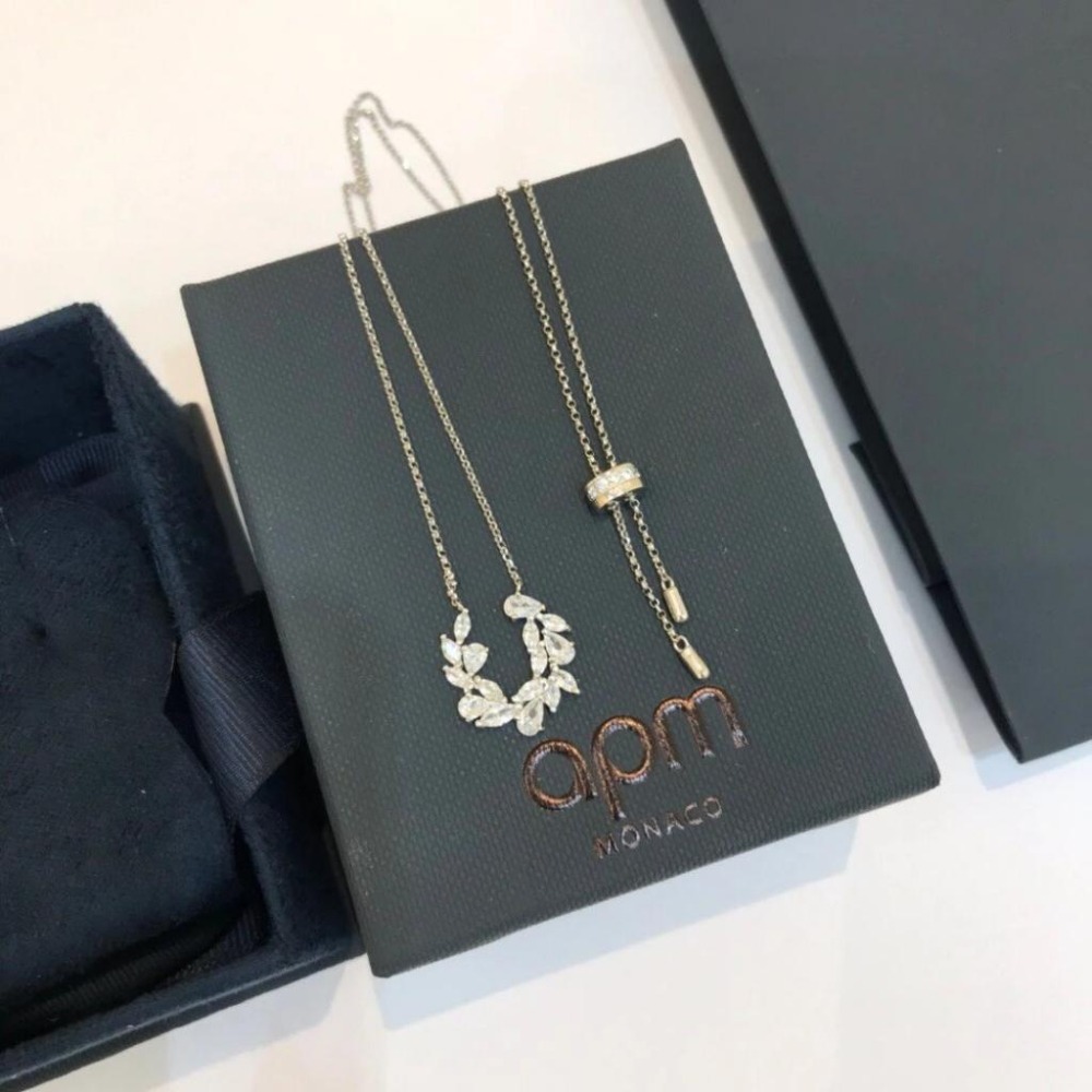 APM MONACO項鏈 APM項鏈 女生項鏈 鑲晶鑽麥穗U形馬蹄項鏈 毛衣鏈 可調節長短 吊墜項墜 925純銀項鏈-細節圖7