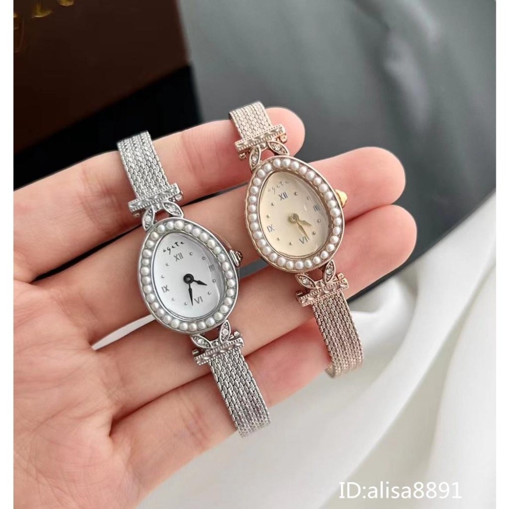  日本agete手錶 女生手錶 時尚百搭石英錶 小直徑珍珠橢圓形女錶 優雅手鐲手錶限量版玫瑰金色鋼帶錶 米蘭編織網錶-細節圖7
