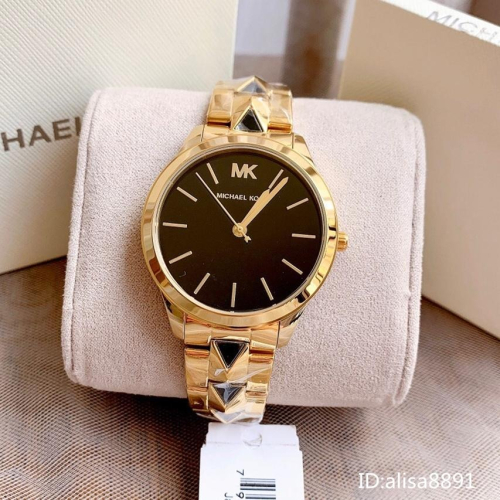 Michael Kors手錶 女生石英錶 金色黑面鋼帶錶 限量菱格型女生腕錶 時尚潮流 百搭通勤女錶 小金錶MK6669