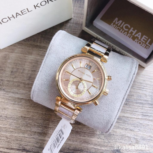Michael Kors手錶 大直徑女生手錶 石英錶 MK6360金間裸粉色鋼帶錶 雙日曆石英錶 時尚潮流MK6360