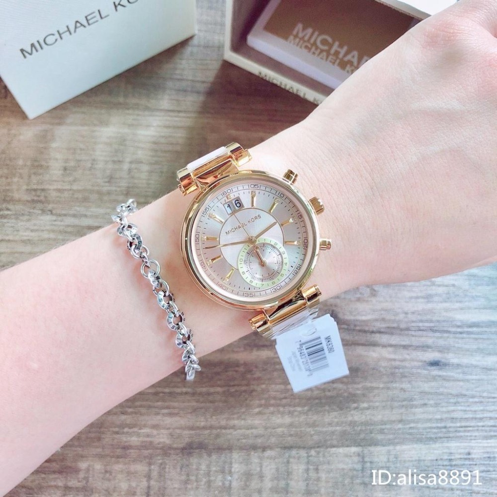 Michael Kors手錶 大直徑女生手錶 石英錶 MK6360金間裸粉色鋼帶錶 雙日曆石英錶 時尚潮流MK6360-細節圖3