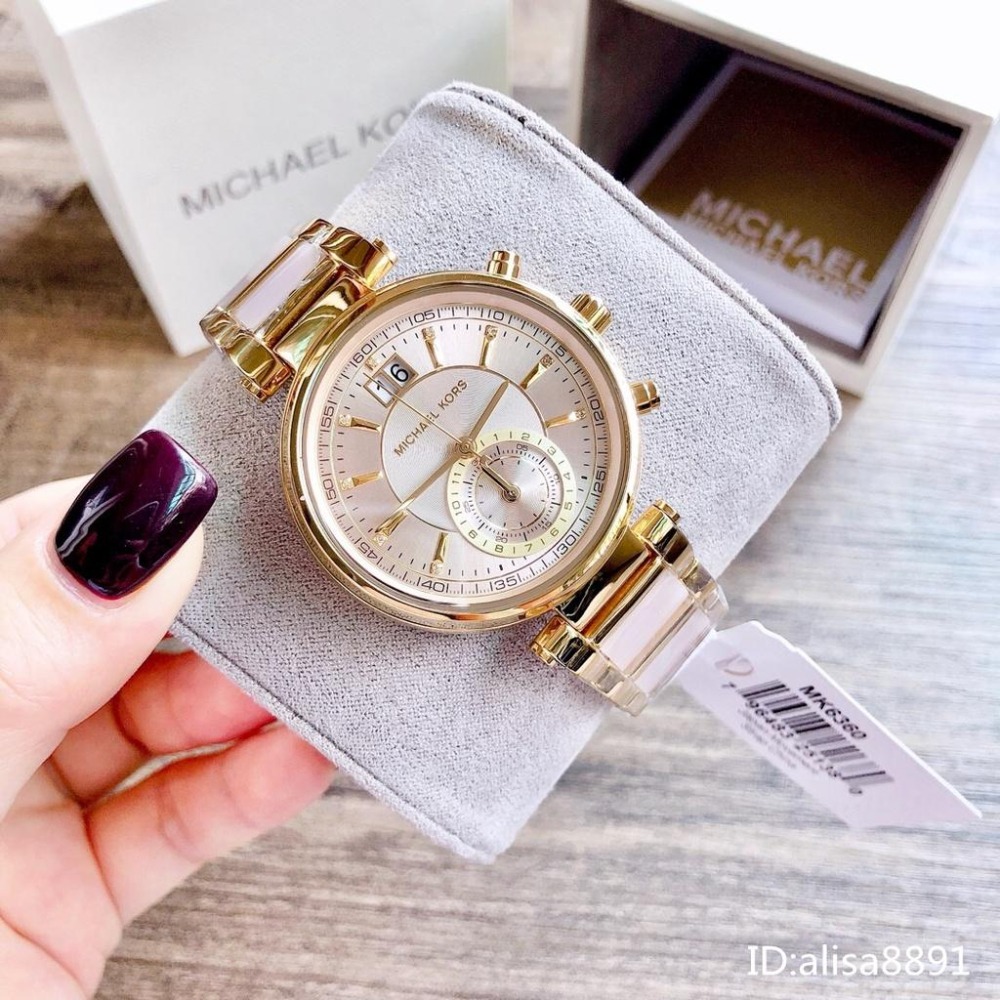 Michael Kors手錶 大直徑女生手錶 石英錶 MK6360金間裸粉色鋼帶錶 雙日曆石英錶 時尚潮流MK6360-細節圖4