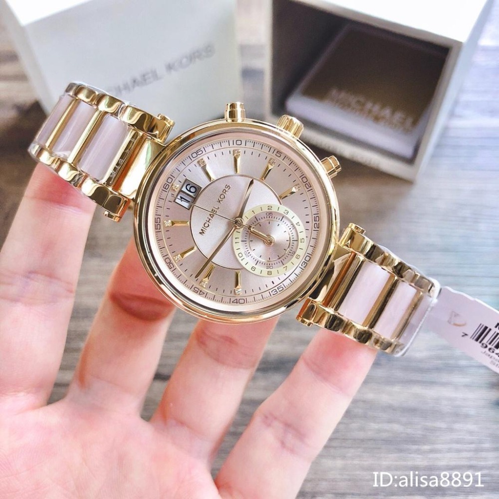 Michael Kors手錶 大直徑女生手錶 石英錶 MK6360金間裸粉色鋼帶錶 雙日曆石英錶 時尚潮流MK6360-細節圖5