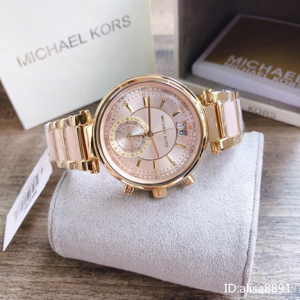 Michael Kors手錶 大直徑女生手錶 石英錶 MK6360金間裸粉色鋼帶錶 雙日曆石英錶 時尚潮流MK6360-細節圖6