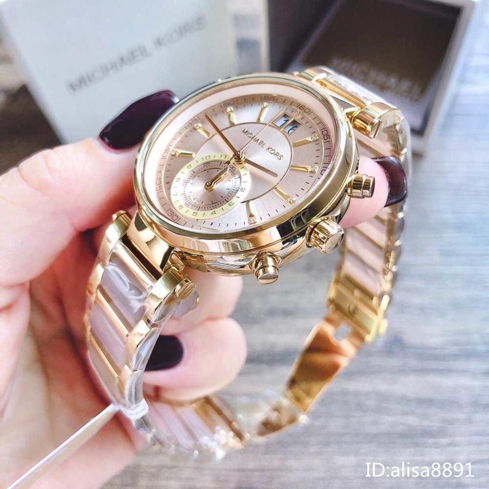 Michael Kors手錶 大直徑女生手錶 石英錶 MK6360金間裸粉色鋼帶錶 雙日曆石英錶 時尚潮流MK6360-細節圖7