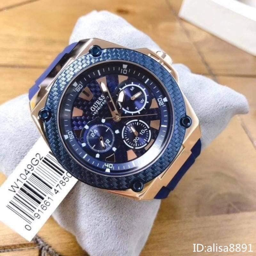 GUESS蓋爾斯手錶 藍色橡膠錶帶石英錶 石英手錶男 三眼日曆休閒運動防水男錶 大直徑時尚商務通勤手錶W1049G2