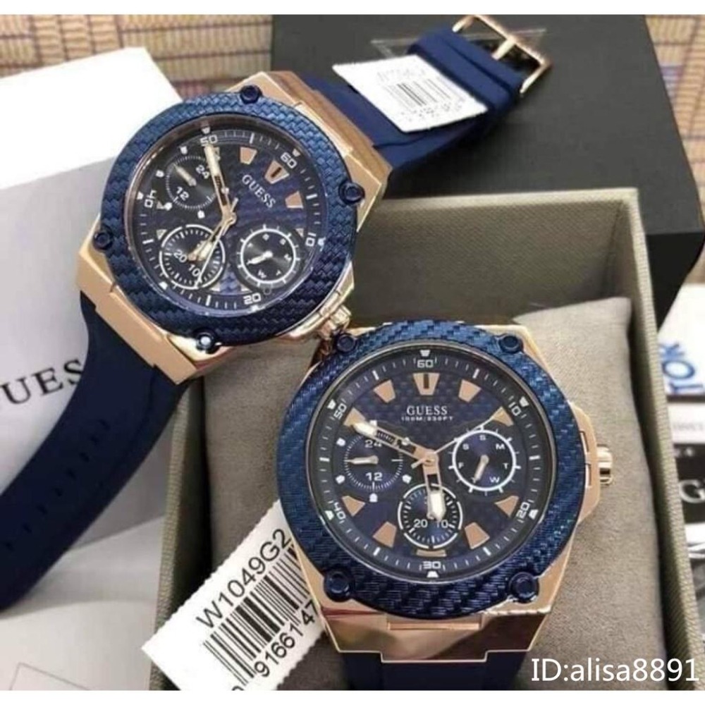 GUESS蓋爾斯手錶 藍色橡膠錶帶石英錶 石英手錶男 三眼日曆休閒運動防水男錶 大直徑時尚商務通勤手錶W1049G2-細節圖7
