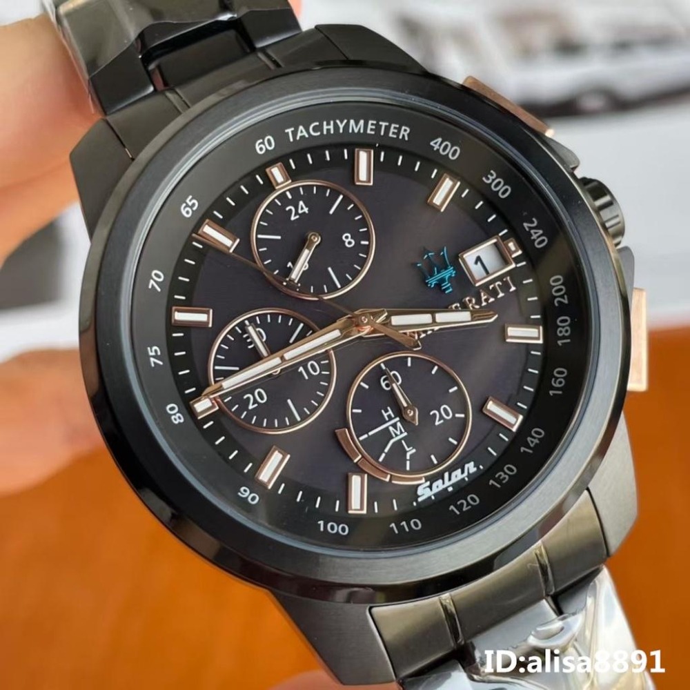 MASERATI瑪莎拉蒂手錶 六針石英錶黑色鋼帶錶 時尚潮流金錶 休閒商務男錶R8873645001 大直徑防水手錶-細節圖8