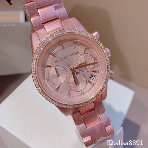 Michael Kors手錶 三眼計時手錶 粉色鋼帶錶女 大錶盤學生手錶 石英手錶 大直徑手錶 時尚潮流女錶MK6753