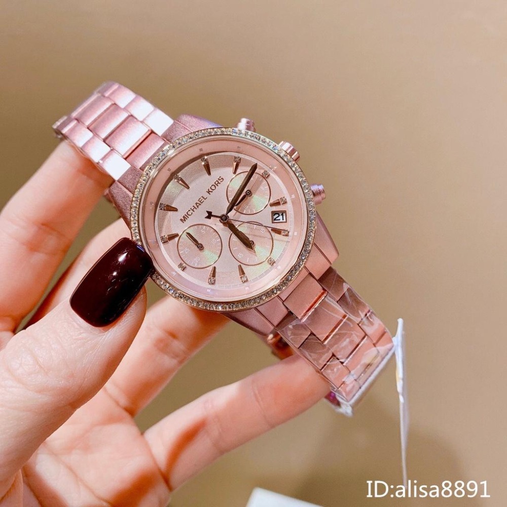 Michael Kors手錶 三眼計時手錶 粉色鋼帶錶女 大錶盤學生手錶 石英手錶 大直徑手錶 時尚潮流女錶MK6753-細節圖4