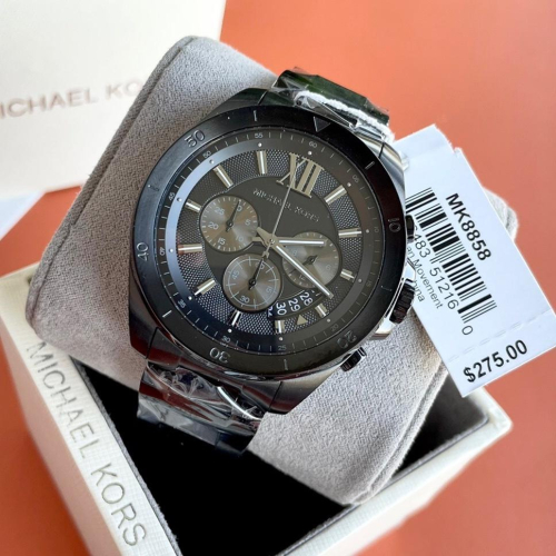 Michael Kors手錶 大直徑三眼計時日曆防水石英錶 商務休閒時尚男錶 石英手錶MK8858 黑色鋼鏈錶 MK手錶