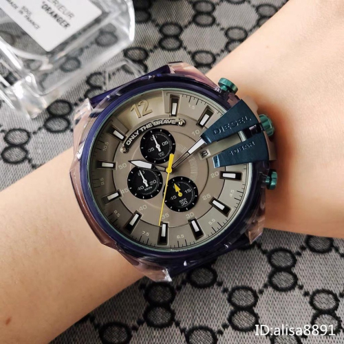 迪賽DIESEL手錶 冰韌透明藍色男士石英錶 超大直徑59mm 休閒運動男錶 時尚潮流男生腕錶 日曆計時手錶DZ4487