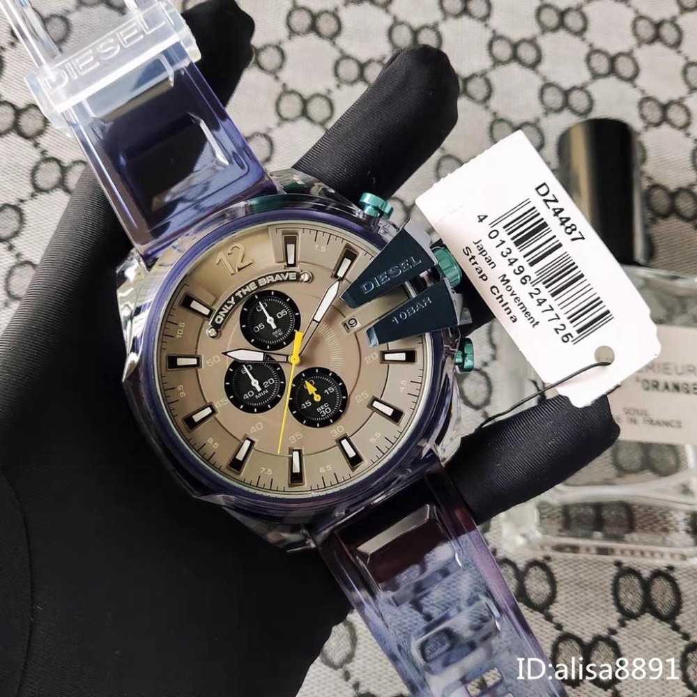 迪賽DIESEL手錶 冰韌透明藍色男士石英錶 超大直徑59mm 休閒運動男錶 時尚潮流男生腕錶 日曆計時手錶DZ4487-細節圖2