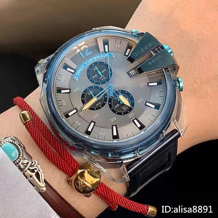 迪賽DIESEL手錶 冰韌透明藍色男士石英錶 超大直徑59mm 休閒運動男錶 時尚潮流男生腕錶 日曆計時手錶DZ4487-細節圖4