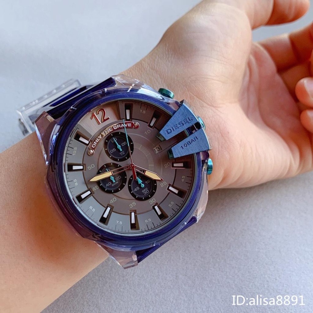 迪賽DIESEL手錶 冰韌透明藍色男士石英錶 超大直徑59mm 休閒運動男錶 時尚潮流男生腕錶 日曆計時手錶DZ4487-細節圖5