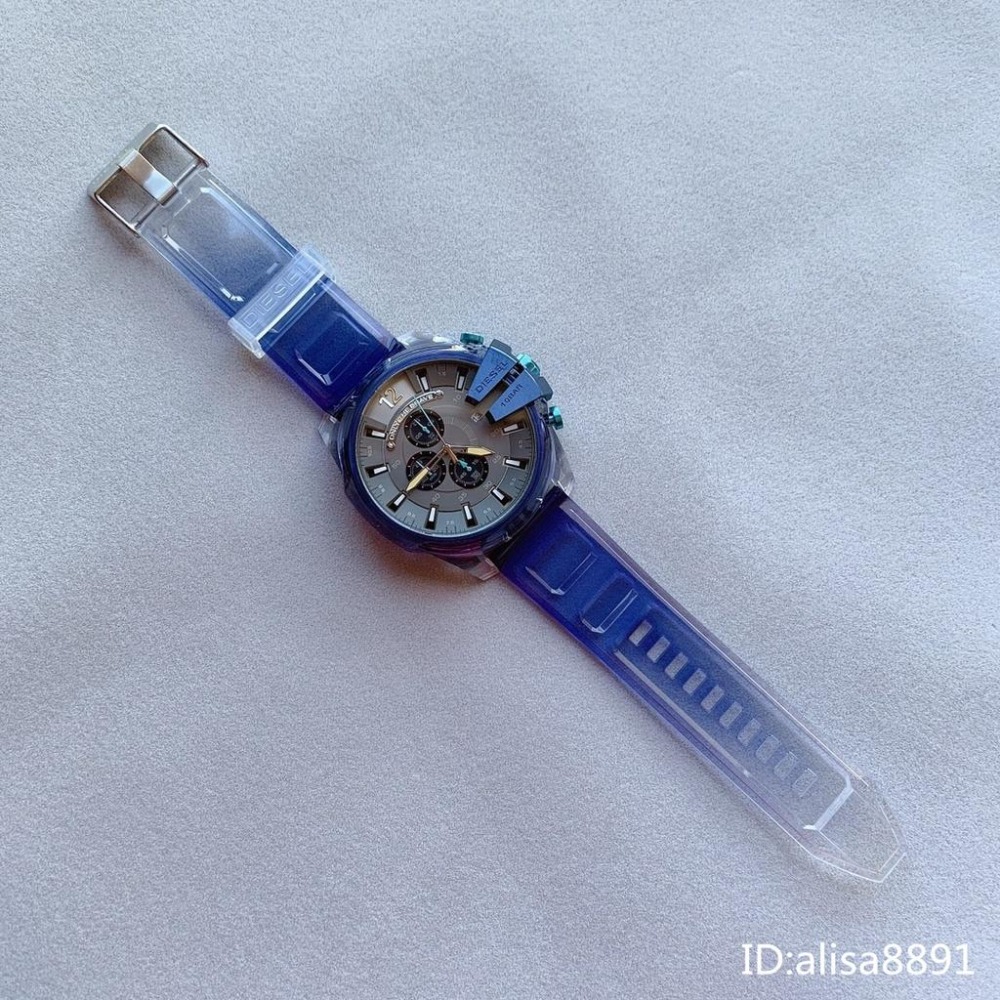 迪賽DIESEL手錶 冰韌透明藍色男士石英錶 超大直徑59mm 休閒運動男錶 時尚潮流男生腕錶 日曆計時手錶DZ4487-細節圖6