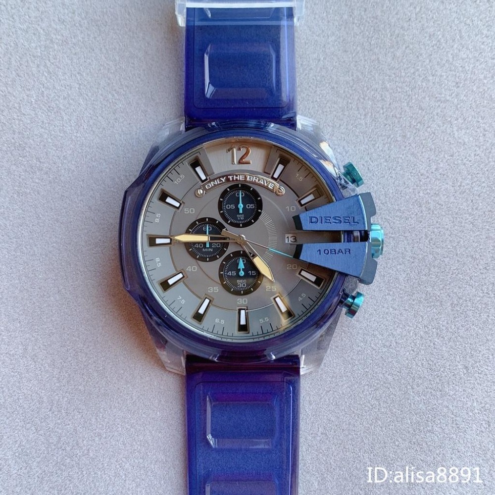 迪賽DIESEL手錶 冰韌透明藍色男士石英錶 超大直徑59mm 休閒運動男錶 時尚潮流男生腕錶 日曆計時手錶DZ4487-細節圖7