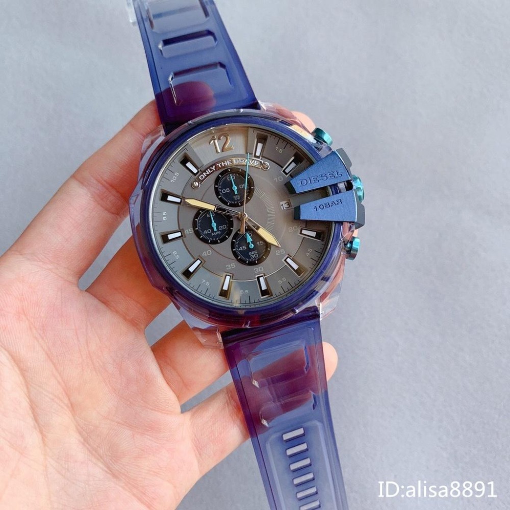 迪賽DIESEL手錶 冰韌透明藍色男士石英錶 超大直徑59mm 休閒運動男錶 時尚潮流男生腕錶 日曆計時手錶DZ4487-細節圖8
