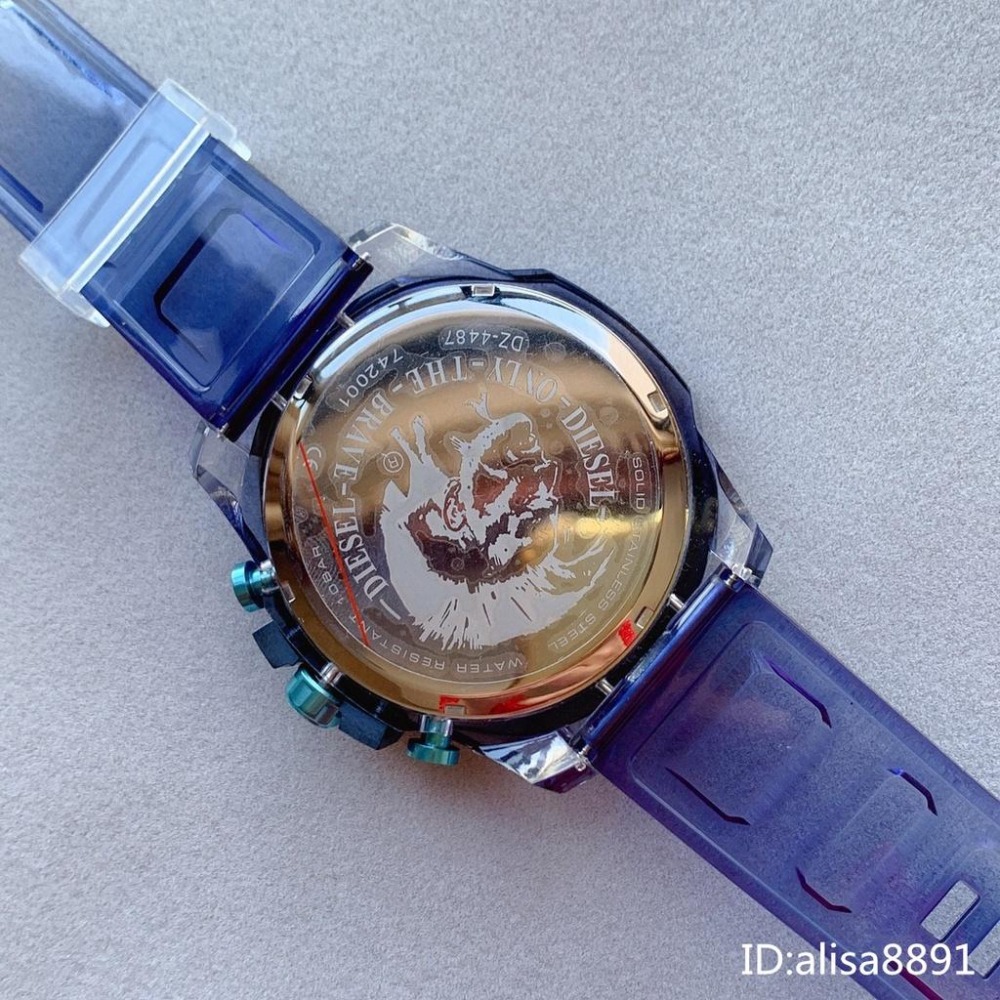 迪賽DIESEL手錶 冰韌透明藍色男士石英錶 超大直徑59mm 休閒運動男錶 時尚潮流男生腕錶 日曆計時手錶DZ4487-細節圖9